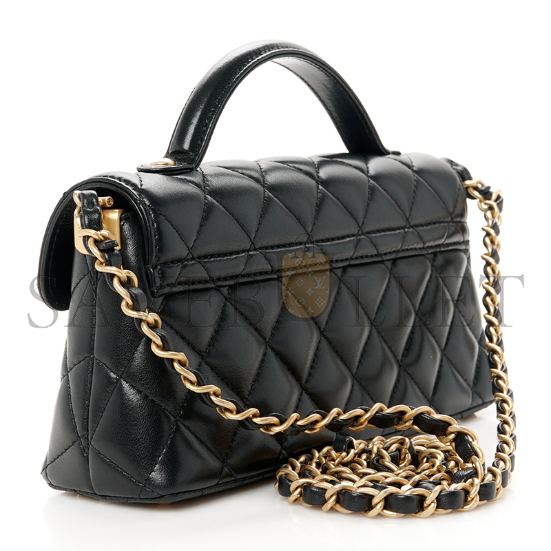Ch*el master lambskin quilted mini flap top handle bag black as5354 (22*11.5*6cm)